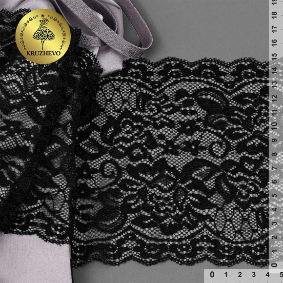 Кружево-стрейч KRUZHEVO арт.TBY.6718 шир.150мм цв.170 черный уп.25м Кружево-стрейч KRUZHEVO арт.TBY.6718 шир.150мм цв.170 черный уп.25м