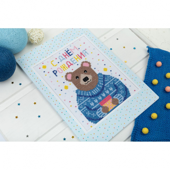 Набор для вышивания PANNA арт. OT-7334 Открытка. Мишка с подарком 11,5x15 см