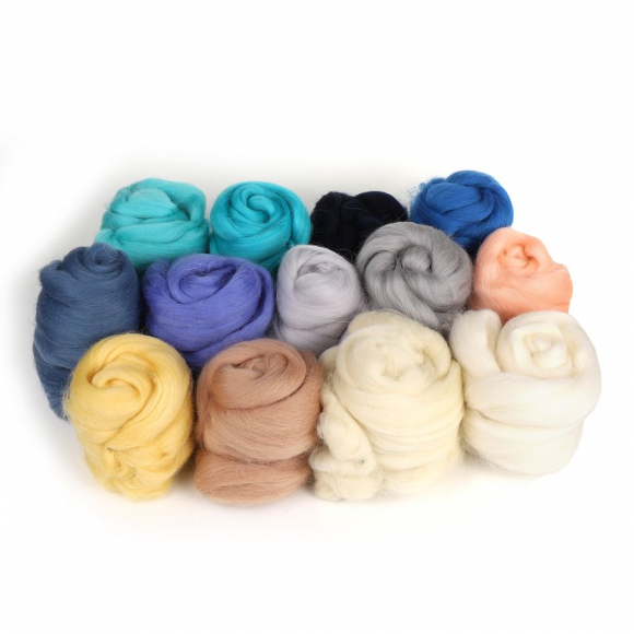 Комплект шерсти для валяния КАМТЕКС 13 оттенков бежевый и синий (шерсть п/т 100%) 1х50г/2,1м