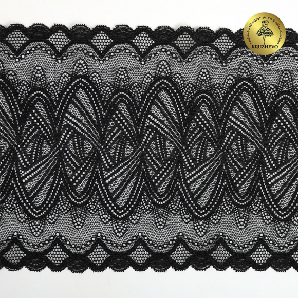 Кружево-стрейч KRUZHEVO арт.TBY.6390 шир.190мм цв.02 черный уп.10м