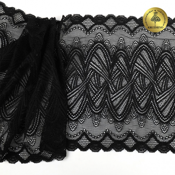 Кружево-стрейч KRUZHEVO арт.TBY.6390 шир.190мм цв.02 черный уп.10м