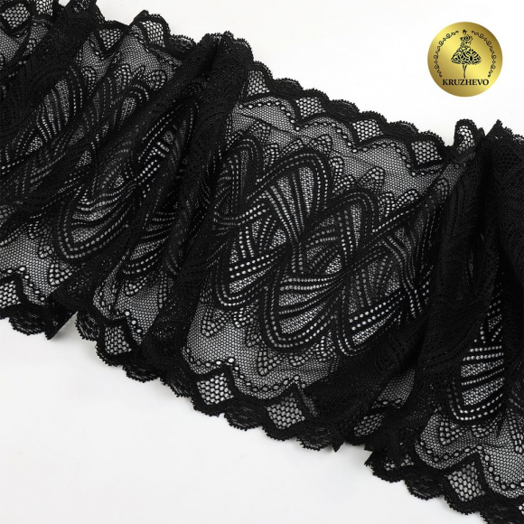 Кружево-стрейч KRUZHEVO арт.TBY.6390 шир.190мм цв.02 черный уп.10м