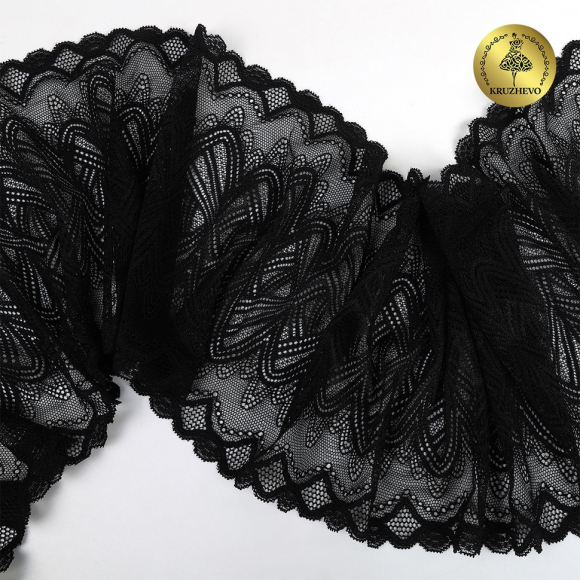 Кружево-стрейч KRUZHEVO арт.TBY.6390 шир.190мм цв.02 черный уп.10м