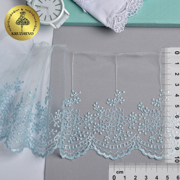 Кружево на сетке KRUZHEVO арт.TR.3657 шир.100мм цв.07 голубой уп.9м Кружево на сетке KRUZHEVO арт.TR.3657 шир.100мм цв.07 голубой уп.9м