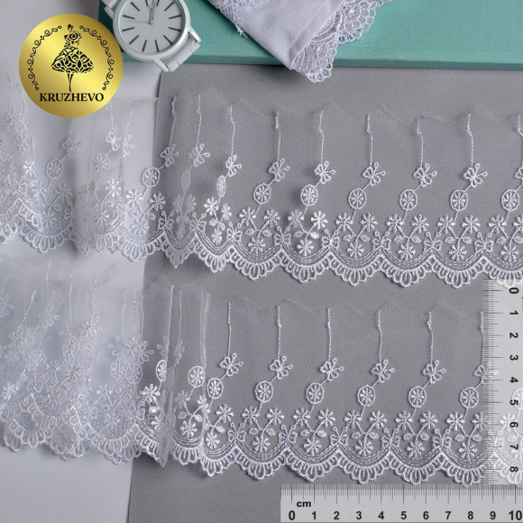Кружево на сетке KRUZHEVO матовая нить арт.TR.8B3289 шир.80мм цв.01 белый уп.9м