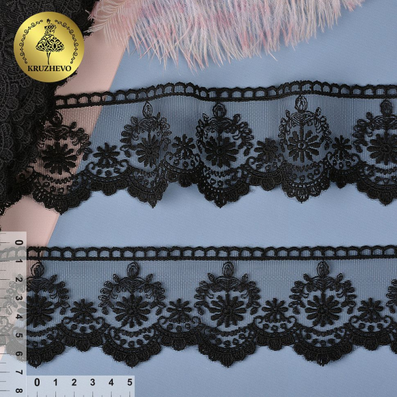 Кружево на сетке KRUZHEVO арт.TR.6196 шир.70мм цв.черный, уп.9м