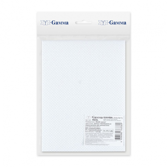 Канва Gamma K03L Aida №11 95% хлопок, 5% терилен 30 x 40 см уп.5 шт цв.белый с перламутровым люрексом