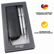 189642_Набор ручек "Eleganza" в кожаном чехле, перьевая и шариковая, цвет корпуса серебристый