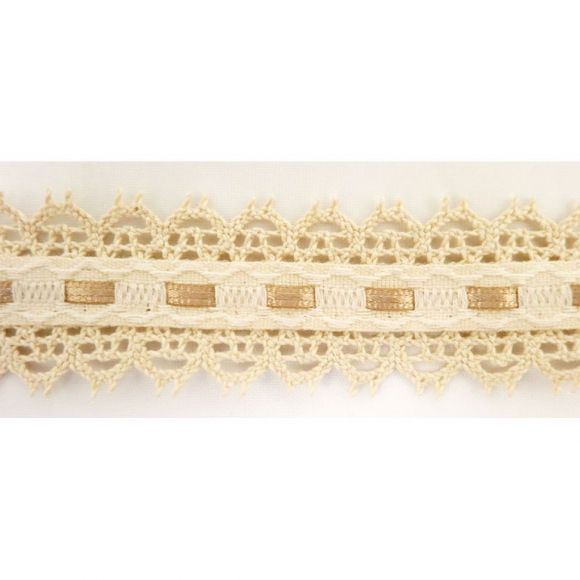 Тесьма декоративная, 30 мм, с двойным кружевом и атласной бежевой лентой, бежевая