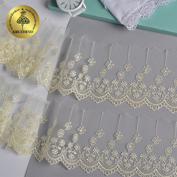 Кружево на сетке KRUZHEVO матовая нить арт.TR.8B3289 шир.80мм цв.02 молочный уп.9м