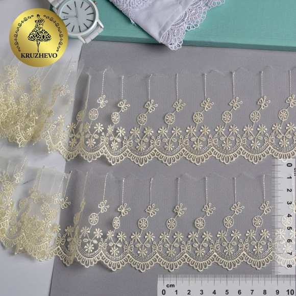 Кружево на сетке KRUZHEVO матовая нить арт.TR.8B3289 шир.80мм цв.02 молочный уп.9м