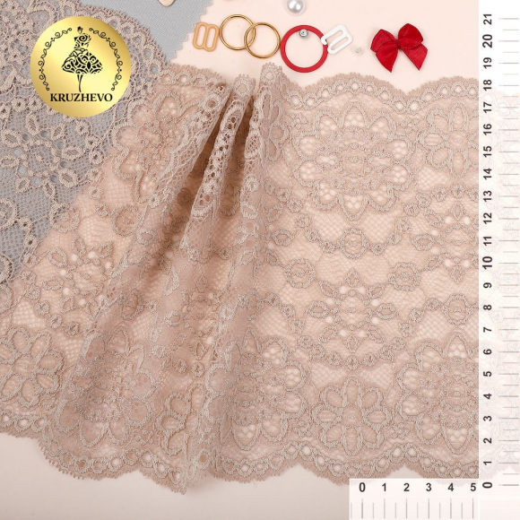 Кружево-стрейч KRUZHEVO арт.TBY.00755 шир.185мм цв.168 серебристый пион уп.25м Кружево-стрейч KRUZHEVO арт.TBY.00755 шир.185мм цв.168 серебристый пион уп.25м