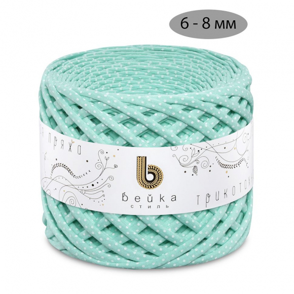 Пряжа трикотажная 100м, 300г, ширина 6-8мм цв.1040 горошек мята