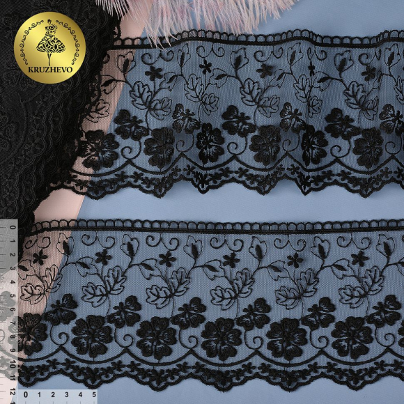 Кружево на сетке KRUZHEVO арт.TR.16G0394 шир.120мм цв.черный, уп.9м