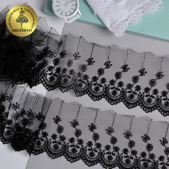 Кружево на сетке KRUZHEVO матовая нить арт.TR.8B3289 шир.80мм цв.05 черный уп.9м