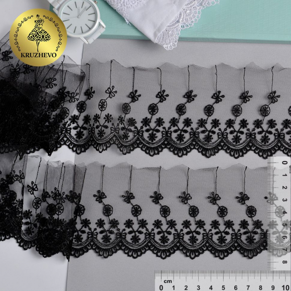 Кружево на сетке KRUZHEVO матовая нить арт.TR.8B3289 шир.80мм цв.05 черный уп.9м
