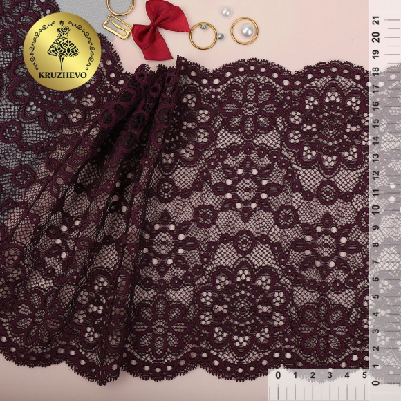 Кружево-стрейч KRUZHEVO арт.TBY.00755 шир.185мм цв.076 сливовое вино уп.25м