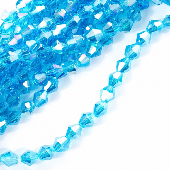 Бусины граненые Биконус (стекло) на нитях арт.TBY-K-2  8х8мм отвер.1,8мм цв.04 AB бирюзовый уп.3шт х40 бусин