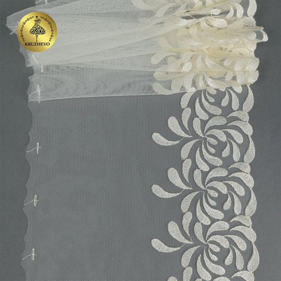 Кружево вышивка на сетке KRUZHEVO арт.TBY.OG66 шир.230мм цв.айвори, правая уп.6м