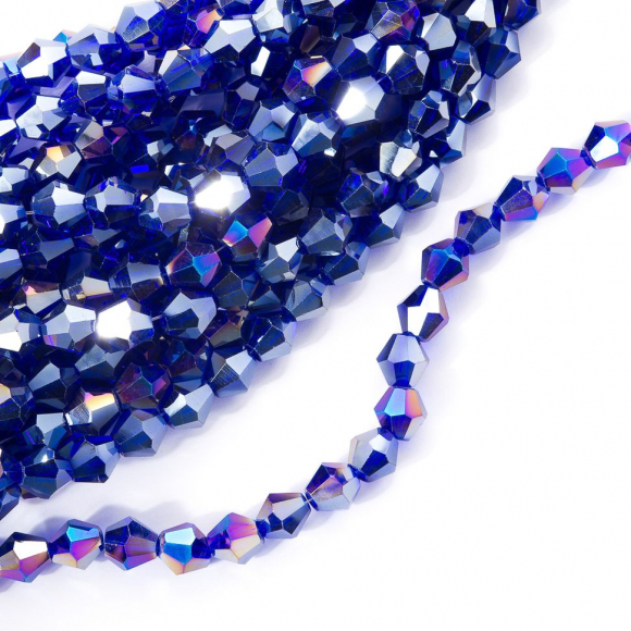 Бусины граненые Биконус (стекло) на нитях арт.TBY-K-2  8х8мм отвер.1,8мм цв.10 AB тем.голубой мульти уп.3шт х40 бусин
