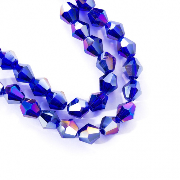 Бусины граненые Биконус (стекло) на нитях арт.TBY-K-2  8х8мм отвер.1,8мм цв.10 AB тем.голубой мульти уп.3шт х40 бусин