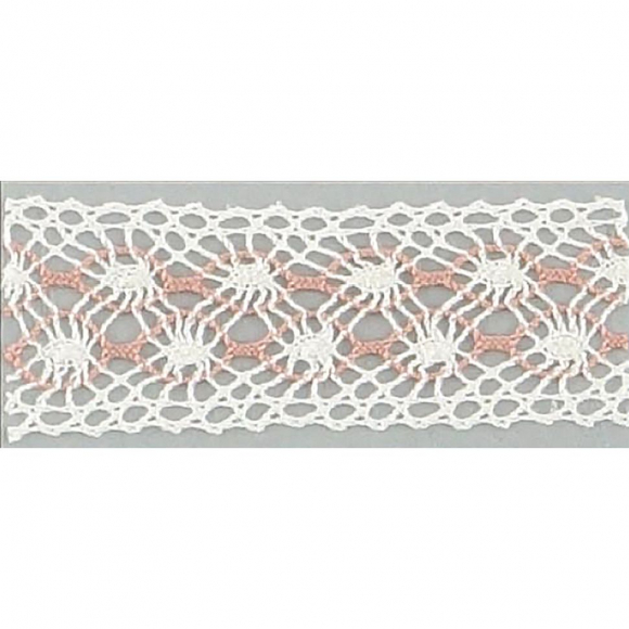 Мерсеризованное хлопковое кружево, 20 мм, цвет белый с серо-розовым Мерсеризованное хлопковое кружево, 20 мм, цвет белый с серо-розовым
