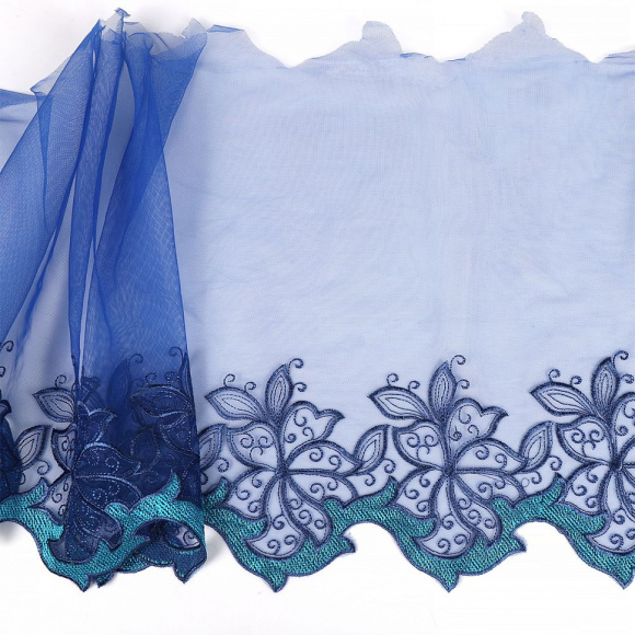 Кружево вышивка на сетке KRUZHEVO арт.TBY.OG86 шир.275мм цв.синий,правая уп.6,5м