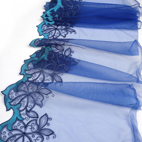 Кружево вышивка на сетке KRUZHEVO арт.TBY.OG86 шир.275мм цв.синий,правая уп.6,5м