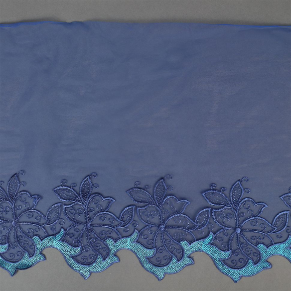 Кружево вышивка на сетке KRUZHEVO арт.TBY.OG86 шир.275мм цв.синий,правая уп.6,5м