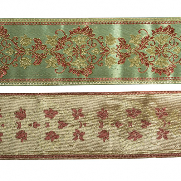 Лента отделочная жаккардовая арт.TBY.9A-08 шир.90 мм цв.фисташков/коричневый уп.25 м Лента отделочная жаккардовая арт.TBY.9A-08 шир.90 мм цв.фисташков/коричневый уп.25 м