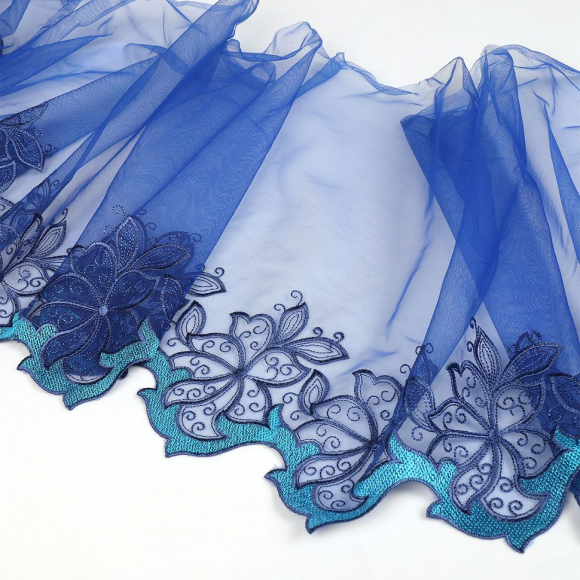 Кружево вышивка на сетке KRUZHEVO арт.TBY.OG86 шир.275мм цв.синий,левая уп.6,5м