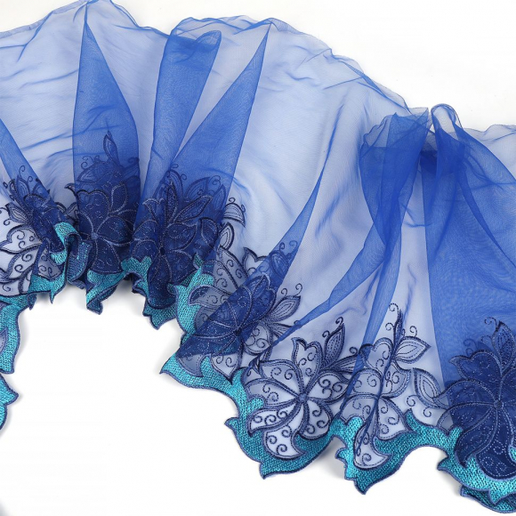 Кружево вышивка на сетке KRUZHEVO арт.TBY.OG86 шир.275мм цв.синий,левая уп.6,5м