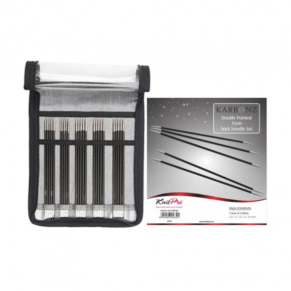 41614 Knit Pro Набор чулочных спиц для вязания Karbonz 15см 5 видов спиц карбон 2-4мм