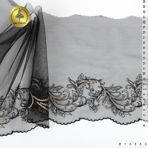 Кружево вышивка на сетке KRUZHEVO арт.TBY.OG83 шир.210мм цв.черный, правая уп.8,5м