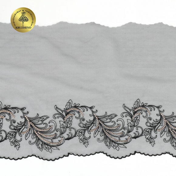 Кружево вышивка на сетке KRUZHEVO арт.TBY.OG83 шир.210мм цв.черный, правая уп.8,5м