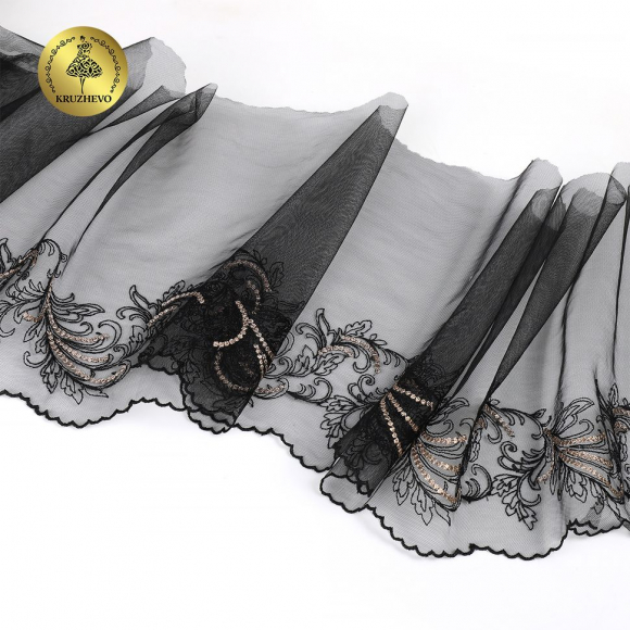 Кружево вышивка на сетке KRUZHEVO арт.TBY.OG83 шир.210мм цв.черный, правая уп.8,5м