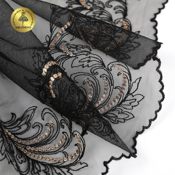 Кружево вышивка на сетке KRUZHEVO арт.TBY.OG83 шир.210мм цв.черный, правая уп.8,5м