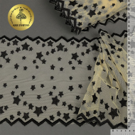Кружево вышивка на сетке KRUZHEVO арт.TBY.OG35 шир.215мм цв.белый с черными звездами уп.13м