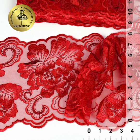 Кружево вышивка на сетке KRUZHEVO арт.TBY.OG37 шир.180мм цв.красный уп.13м