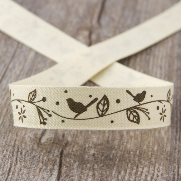 Лента хлопковая на картонной мини-катушке "Птички на ветке"