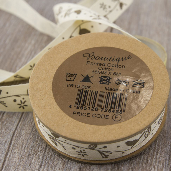 Лента хлопковая на картонной мини-катушке "Птички на ветке"