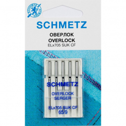 Иглы для бытовых швейных машин Schmetz оверлок для плоскошовных машин, хром SUK CF ELx705 №65, уп.5 игл