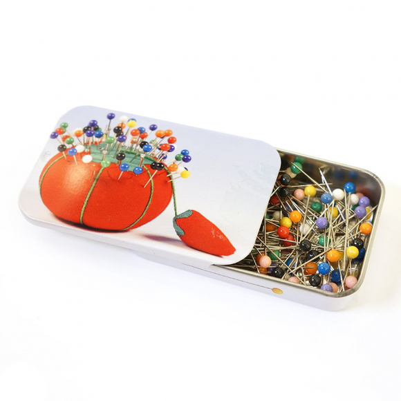 181412_Булавки портновские с пластиковыми круглыми головками в жестянной коробочке