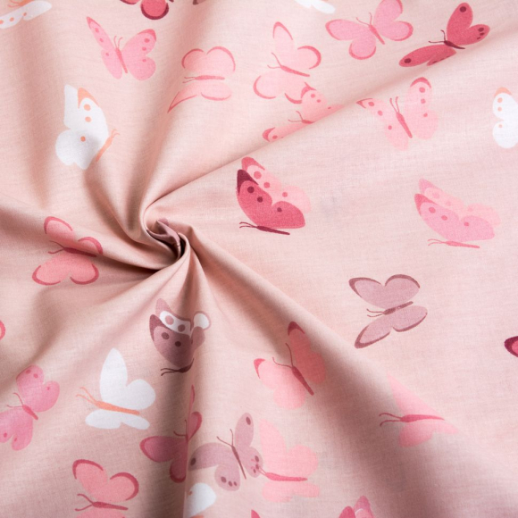 Ткань ранфорс Бабочки, арт.WH 9947-v19, 130г/м?,100% хлопок, шир.240см, цв.пыльная роза/роза, уп.3м