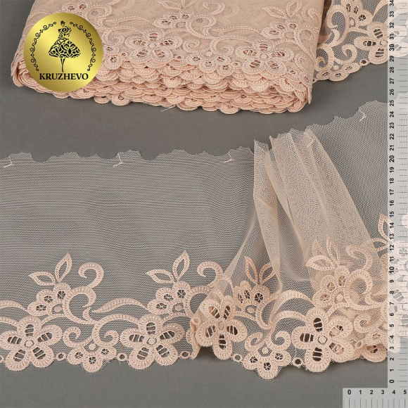 Кружево вышивка на сетке KRUZHEVO арт.TBY.OG38 шир.210мм цв.бежевый, левая уп.9м