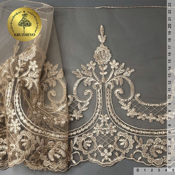 Кружево на сетке арт.TBY.40470 шир.230мм цв.N6115 золотисто-бежевый уп.13,71м