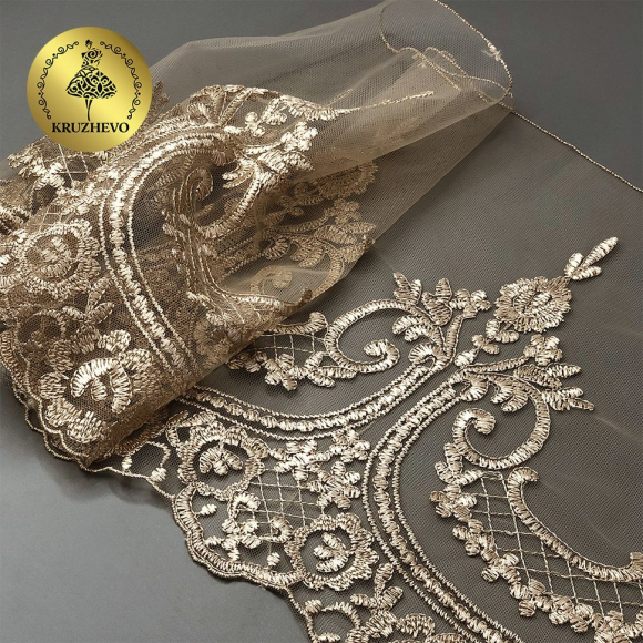 Кружево на сетке арт.TBY.40470 шир.230мм цв.N6115 золотисто-бежевый уп.13,71м