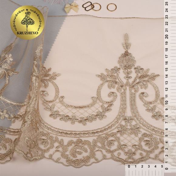 Кружево на сетке арт.TBY.40470 шир.230мм цв.N6115 золотисто-бежевый уп.13,71м