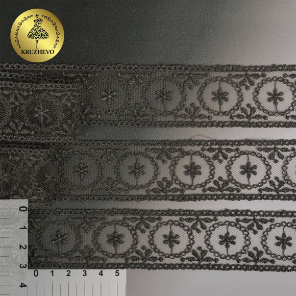 Кружево на сетке KRUZHEVO арт.TR.4010 шир.30мм цв.370 т.серый уп.14м