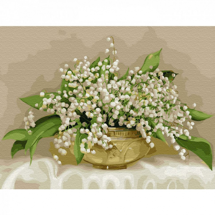 Картина по номерам с цветной схемой на холсте Molly арт.KK0657 Бузин. Ландыши в хрустальной вазочке (23 цвета) 30х40 см